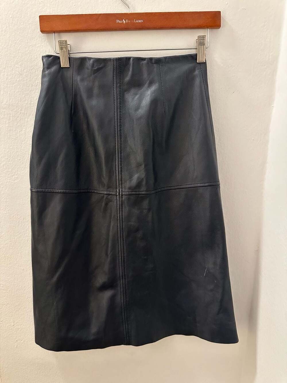 Tommy Hilfiger Black Paneled Lambskin Leather Midi Skirt